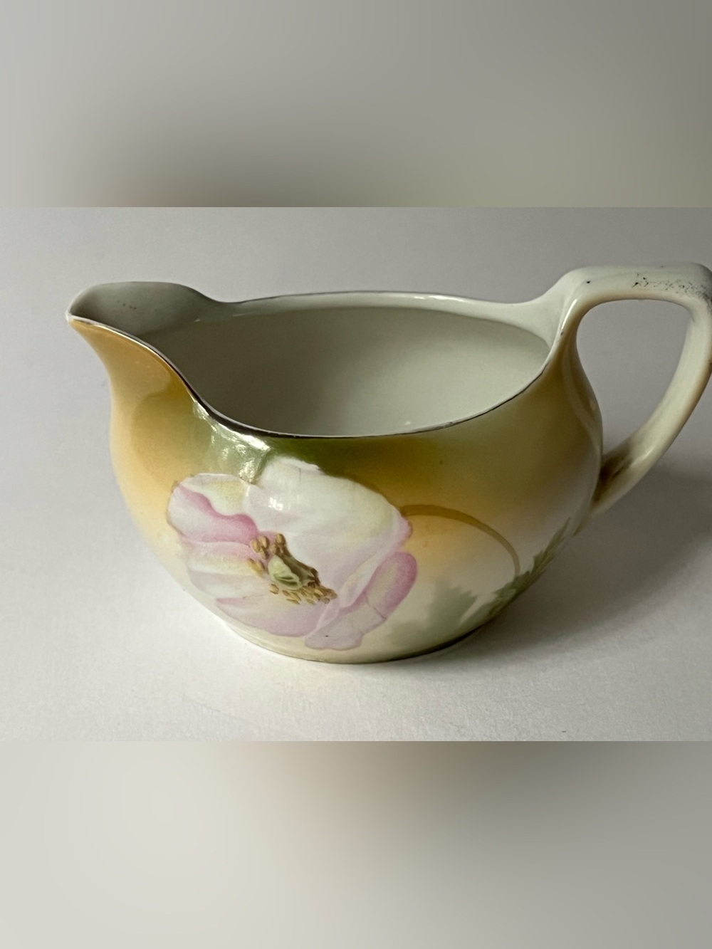 Hand-Painted Ceramic Creamer in Yellow with Pink Floral Motif